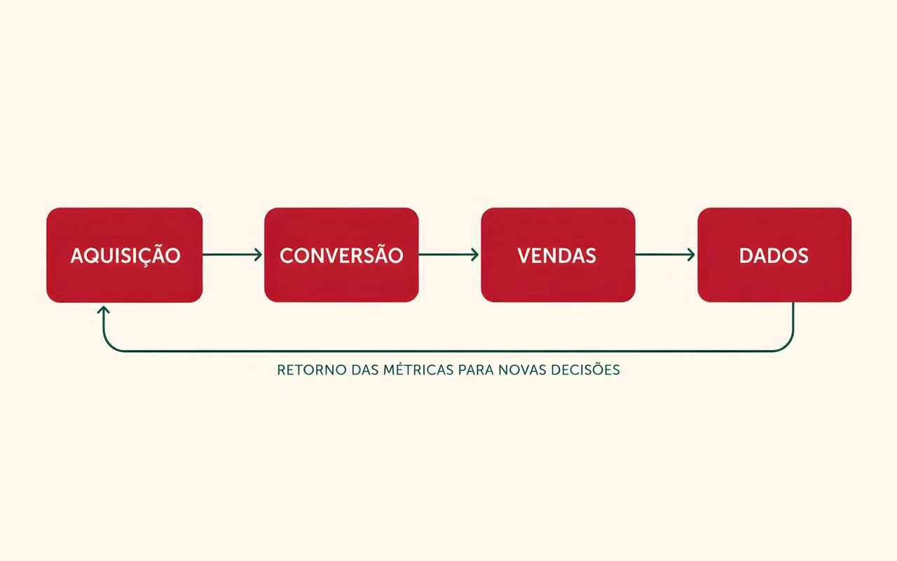 Representação editorial de aquisição, conversão, vendas e dados conectados em uma única operação.