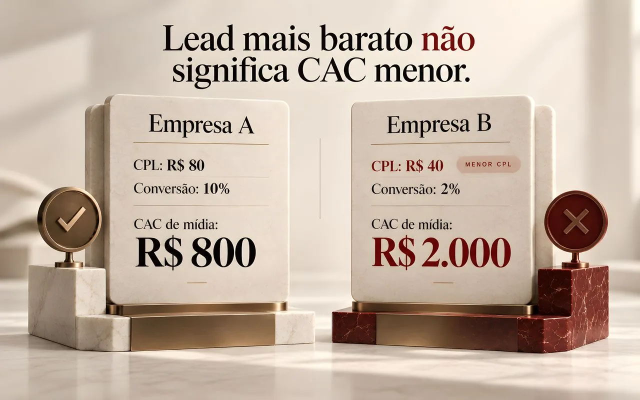 Comparação entre duas empresas mostrando CPL menor com CAC de mídia maior devido à diferença na conversão.
