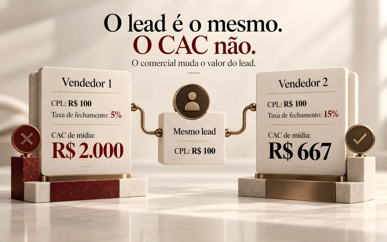 Mesmo lead de R$100 gera CAC de R$2.000 com fechamento de 5% e R$667 com fechamento de 15%.